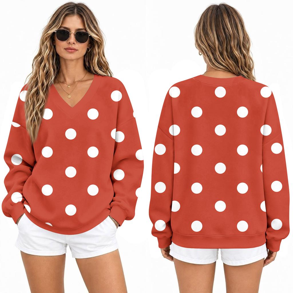 Women's Loose Fit V-Neck Sweatshirt with Polka Dot Print Casual Pullover Top for Everyday Wear