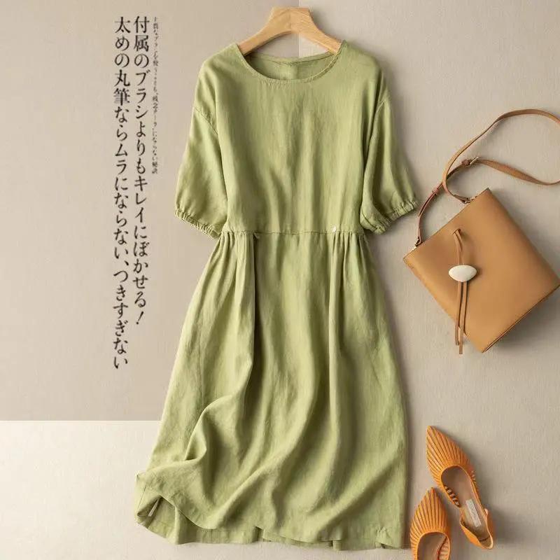 Womens Solid Green Puff Sleeve Pleated A Line Midi Dress M