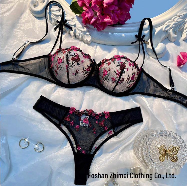 

Женский сексуальный комплект бюстгальтера Y-образного стиля с вышивкой бабочек в стиле живописи тушью и кружевом, с тонкими хлопковыми чашками для минимизирующего эффекта Extra Large ярко-розовый/чёрный