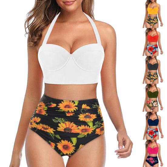Padded Wire Free Two Piece Bikini Set Halter Bra Sunflower Print Briefs Swimwear for Beach