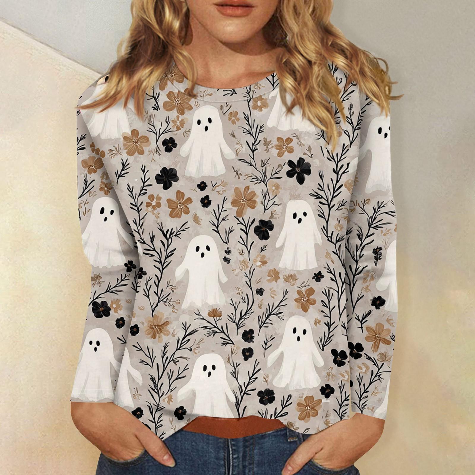 

Женская мода, повседневный пуловер с длинными рукавами и круглым вырезом с принтом на Хэллоуин S