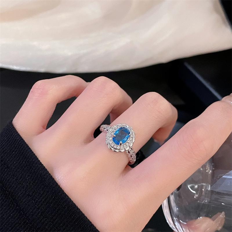 Imitation Topaz Aquamarine Ring Egg-Shaped Light Luxury High-End Cold Wind Open Ring Female No specifications