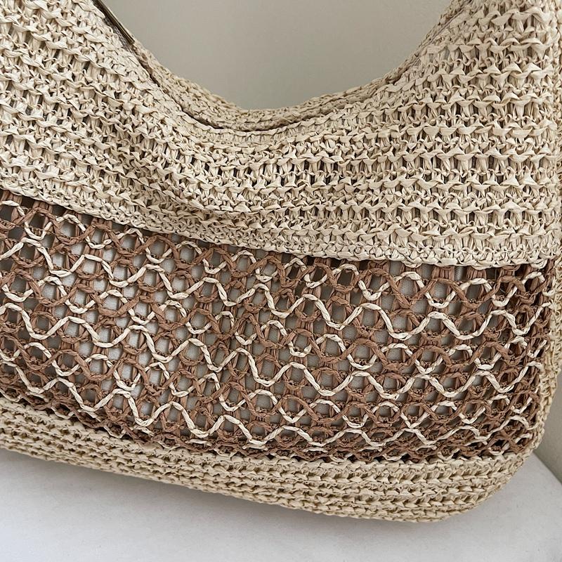 Crochet Mesh Shoulder Bag Women Summer Beach Tote With Leather Strap Natural Style Design
