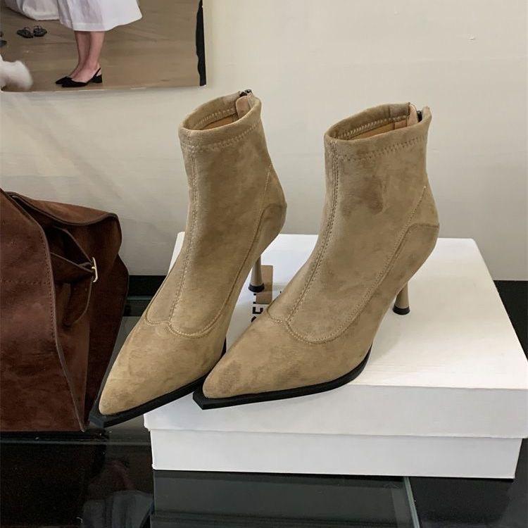 Suede Autumn and Winter High Heel Short Boots Versatile Skinny Boots Women's Elastic French Retro Sub Thin Heel Back Zipper Pointed New