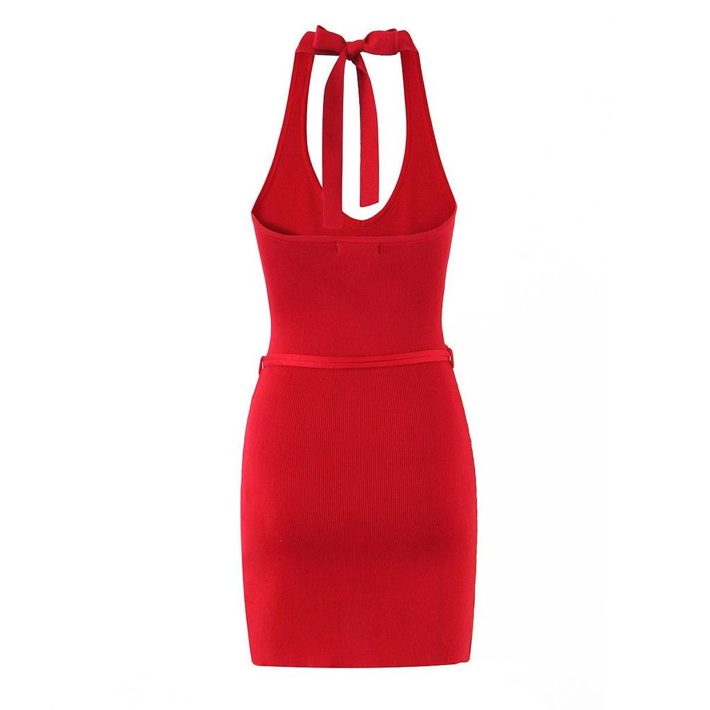 SAW American Style Red Spicy Girl Metal Strap Halter Waist-Cinching Bodycon Dress