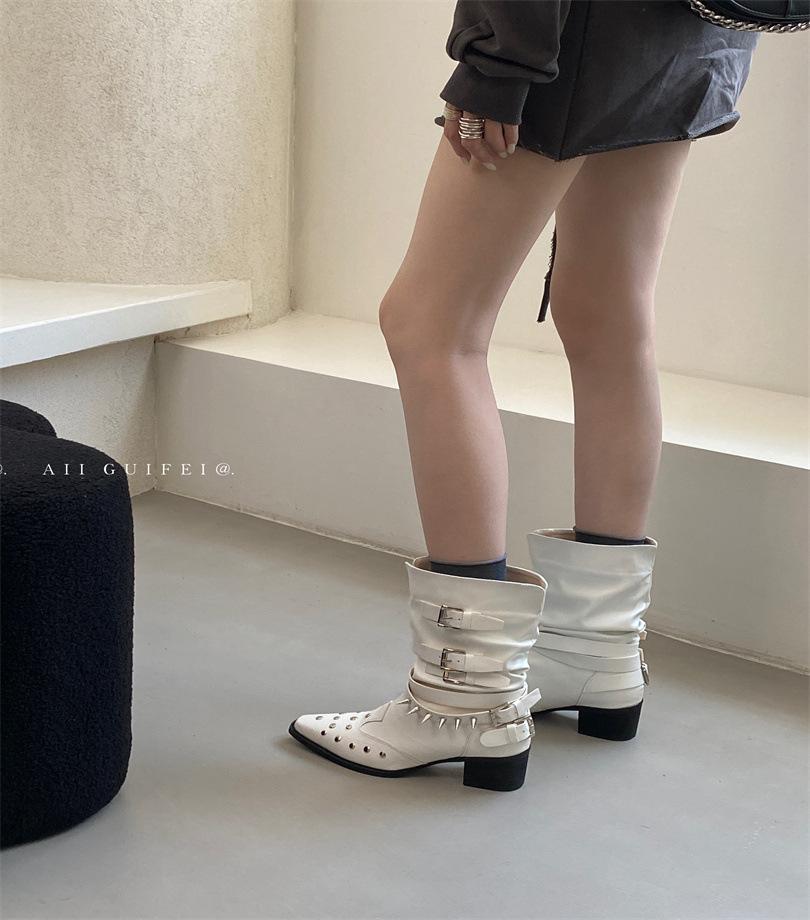 

Medium Boots Women s Black Spice Girls Pointed Rivets Sleeve Women s Boots European and American Fashion Skinny Thick Heel V-Mouth Western Boots 40 белый