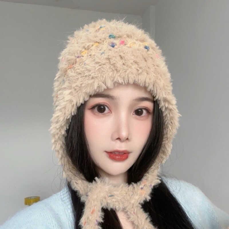 

Sweet and cute color dot ear protection hat children 2025 new winter warm and cold plush hat showing face small bag head hat хаки