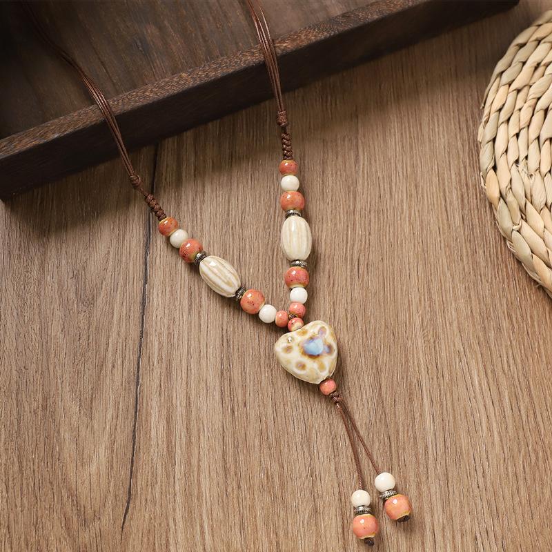 Retro Ceramic Beaded Necklace for Women, Handmade Long Sweater Chain, Ethnic Vintage Chinese Style Jewelry