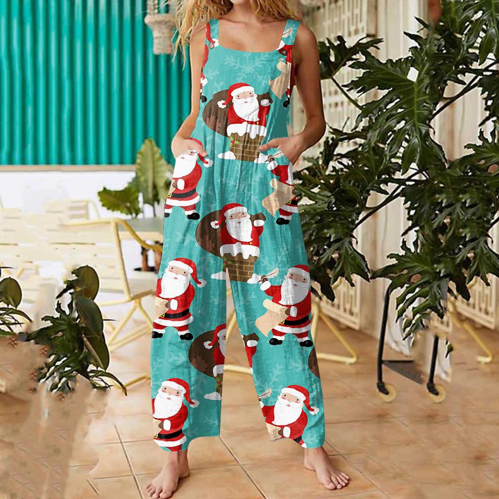 Women's Fashion Christmas Print Casual Retro Sleeveless Button Jumpsuit