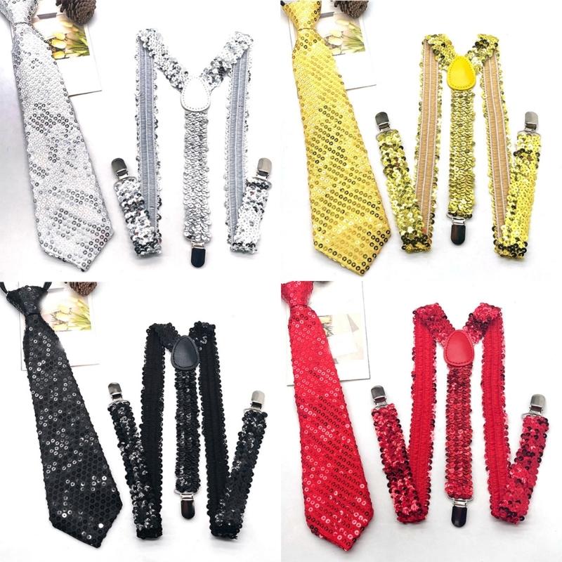 Verstellbares Pailletten Hosenträger und Krawatten Set für Herren mit Metallclip für Hochzeiten und Mottopartys Kostümzubehör