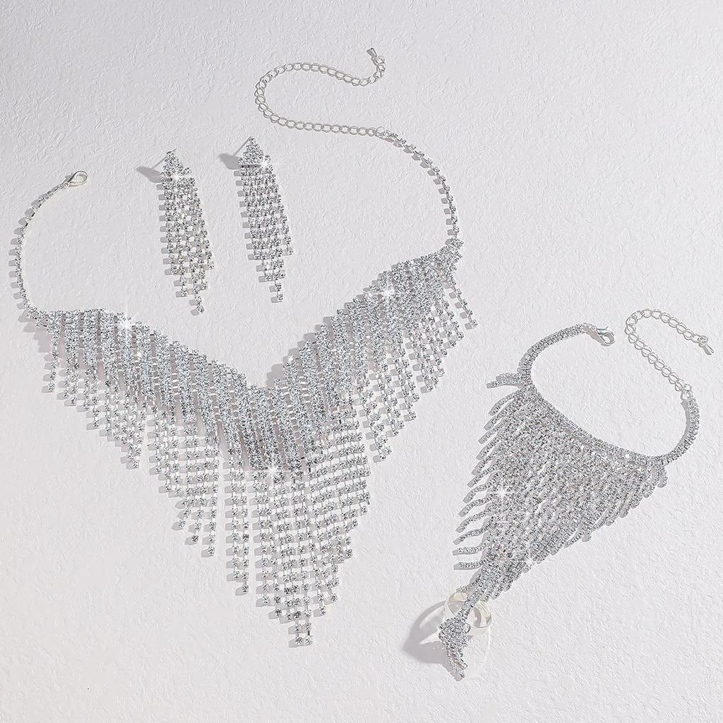 Exquisite European & American Ultra-Luxury Claw Chain Necklace & Earrings Set for Evening & Wedding Dresses - Women's Jewelry Three-Piece Set