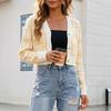 Womens Cropped Knit Cardigan Plaid Striped Streetwear V-Neck Long Sleeve Slim Fit Fall Winter Casual Top