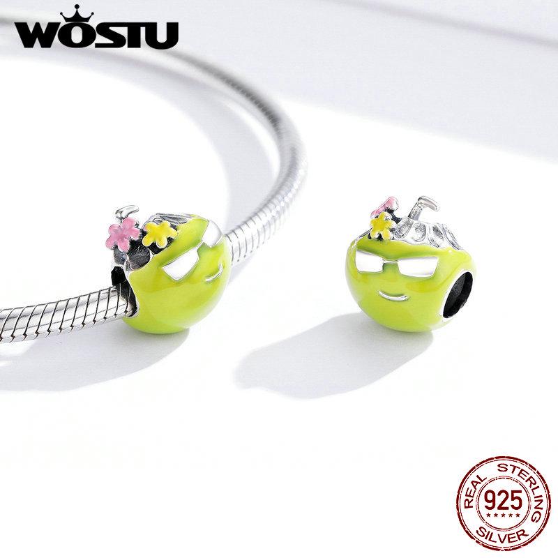 WOSTU Authentic Sterling Silver 925 Summer Coconut Charm Green Enamel Beads DIY Bracelet
