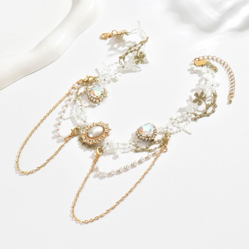 Exquisite Rhinestone Tassel Necklace Shiny Lolita Choker Necklace Lace Pearl Choker  Women