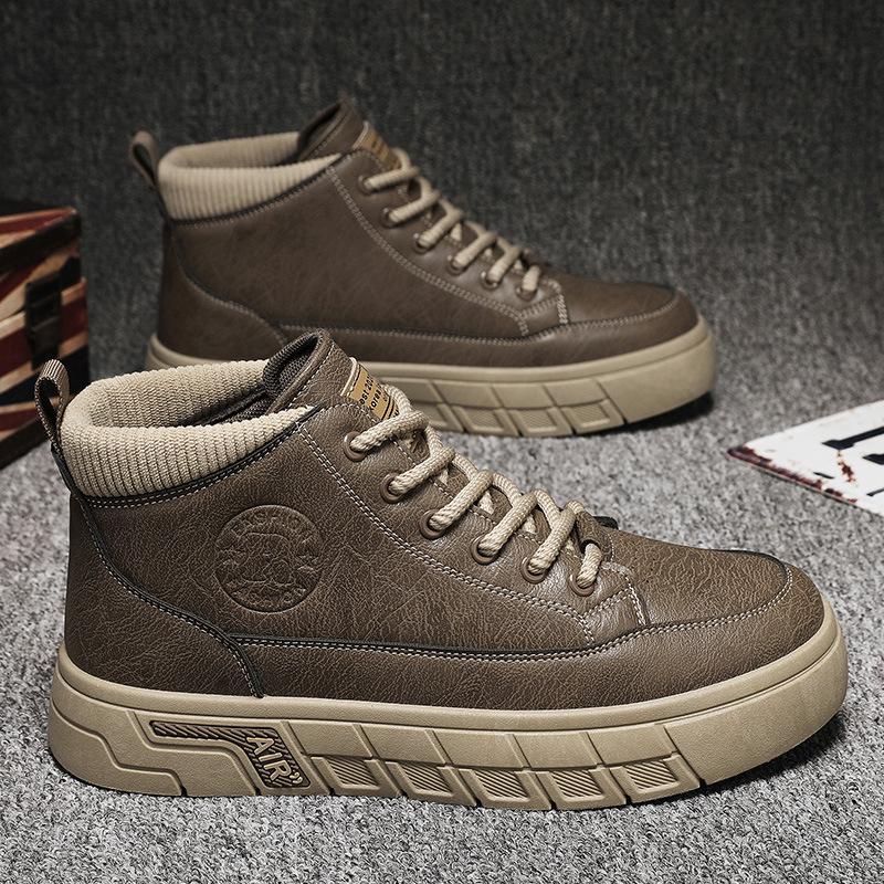 Men's Shoes 2025 New Autumn Leather Waterproof Comfortable Casual Trendy Shoes Men's British Wear-resistant Mid-help Tooling Board Shoes