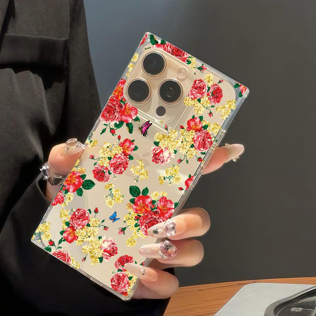Square Back Tube Protection Clear Case For iPhone 12 14 Pro Max 15 Plus 11 13 16 ProMax Anti-Oxygen,Full Screen Peony Flowers Pattern Casing