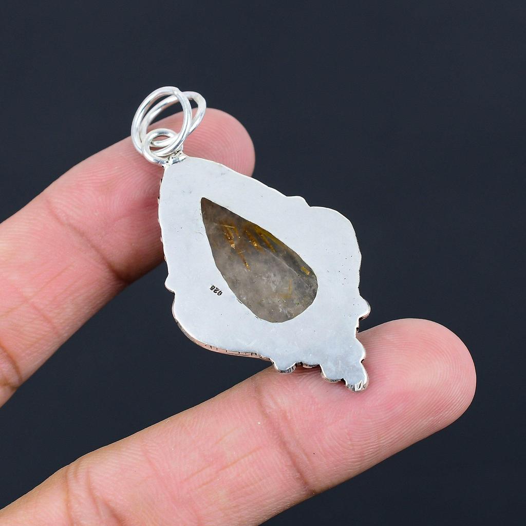 Pear Golden Rutile Stone Bezel Birthday Unique Pendant Jewelry Sterling Silver