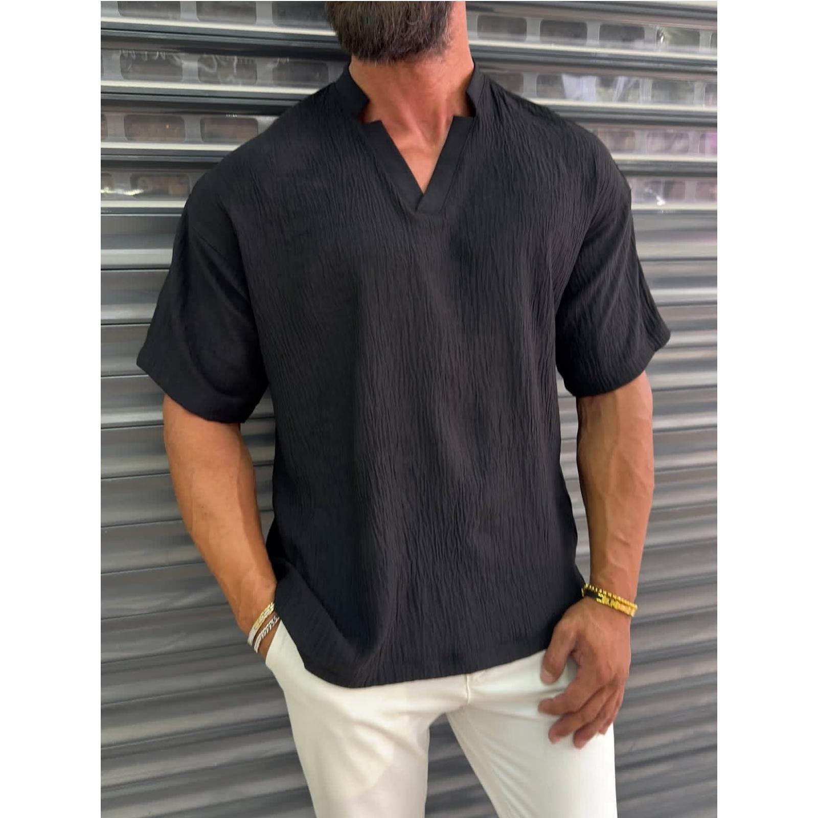 

Men s Fashionable Lightweight Breathable Sports Casual Short-sleeved Shirt - Men s Pleated Textured Quick-drying Cool Feeling Top L чёрный