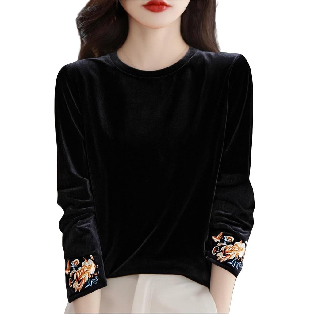 Women's Fashion Round Neck Velvet Undershirt, Loose T-Shirt Top For Layering