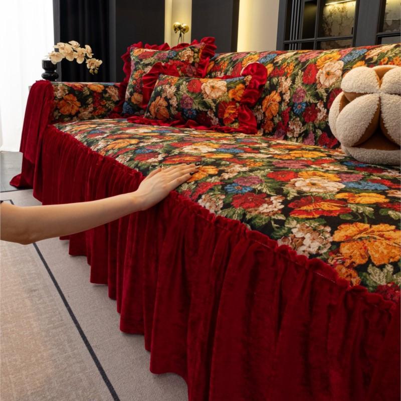 French Ruffled Edge Mat Aesthetic Anti-Slip Cooling Flower Printed Couch Cushion Mats Autumn Universal Chenille Sofa Cover