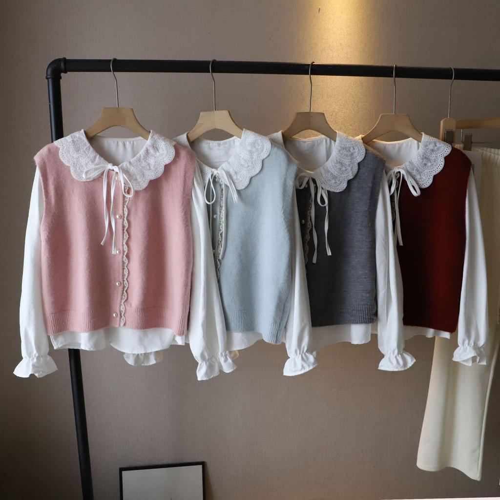 Bi Zheng 2025 Spring Korean Peter Pan Collar Lace Shirt & Knitted Vest 2-Piece Set for Women