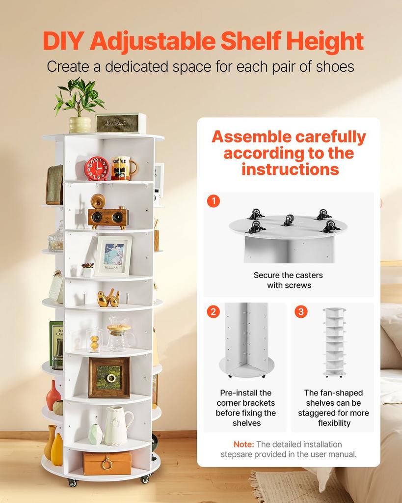 7 Tier Rotating Shoe Rack Tower with Adjustable Shelves, Movable 360° Spinning Carousel Display with Wheels, Lazy Susan Organizer Closet for Bedroom,