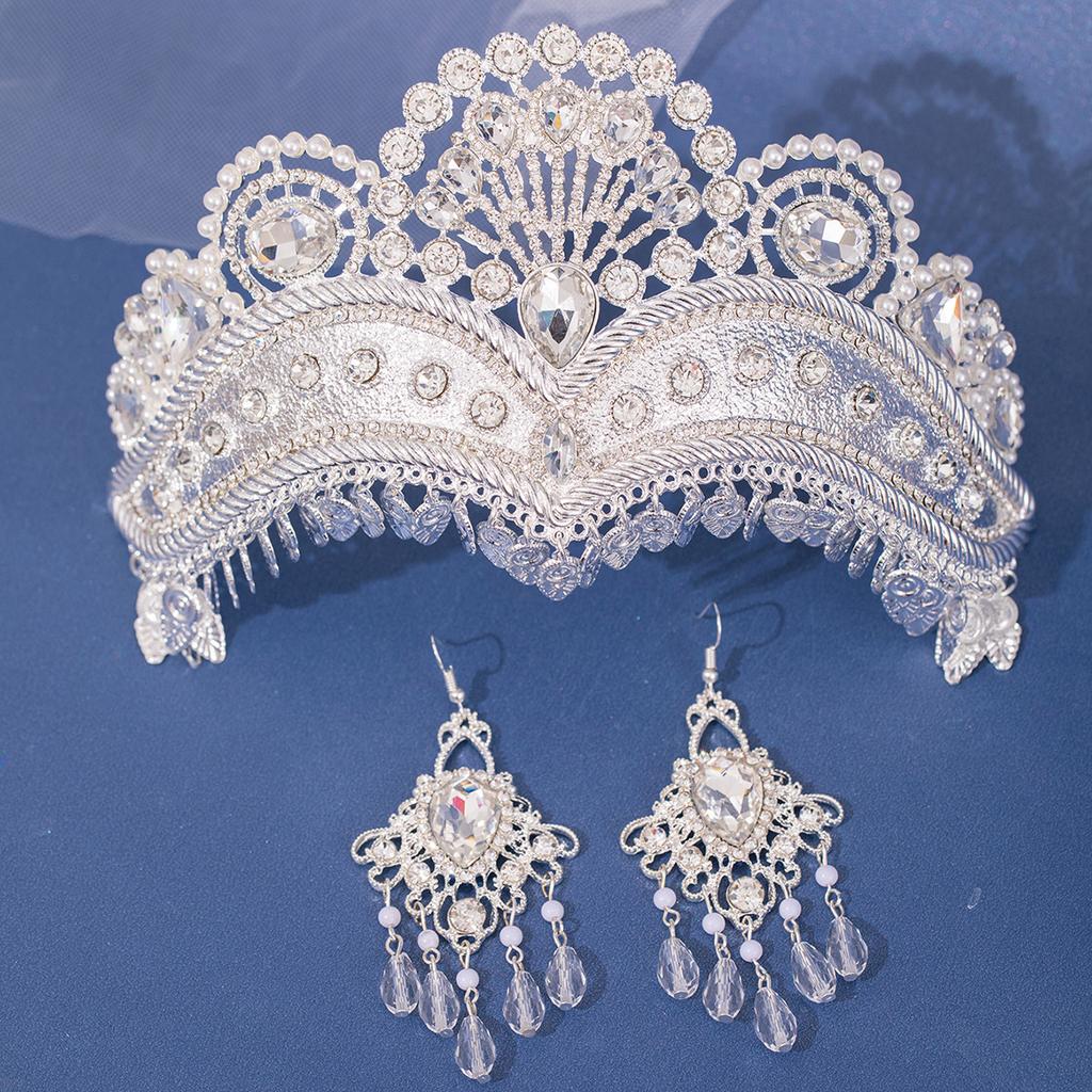 European and American Luxury Bridal Rhinestone Crown Tiara Light Luxury Exotic Tassel Photography Crown Earrings Set Studio Accessories