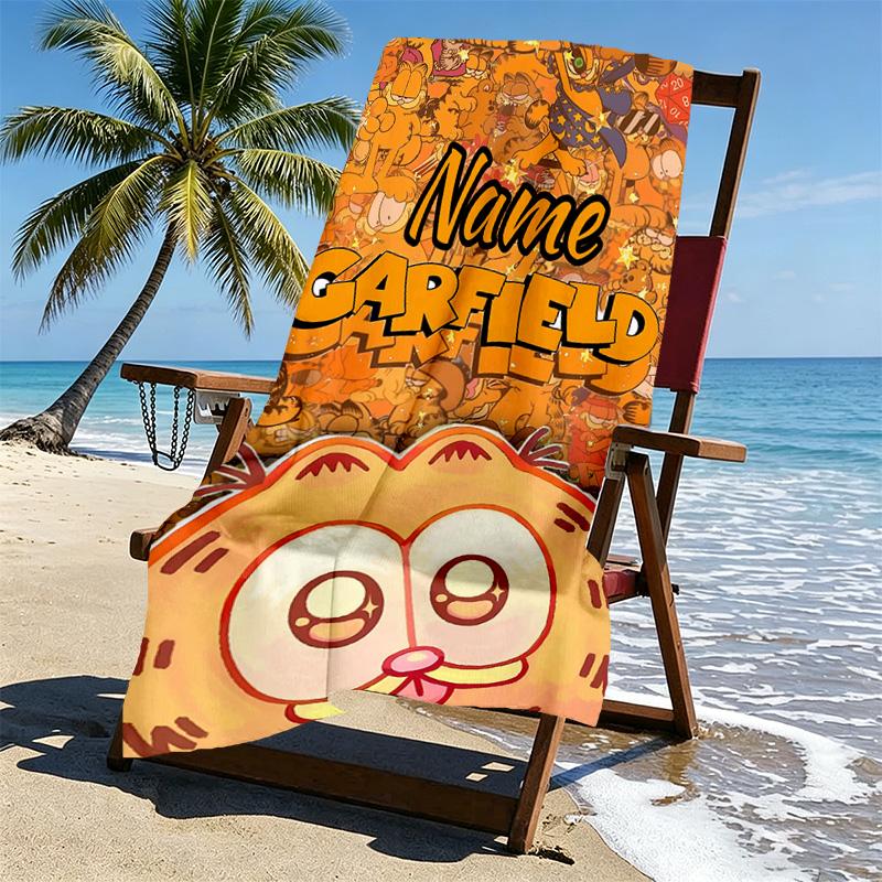 Custom Name Personalized Garfield Print Beach Towel, for Trip Camping Beach Party Home Decor, Birthday Gift for Family & Friends