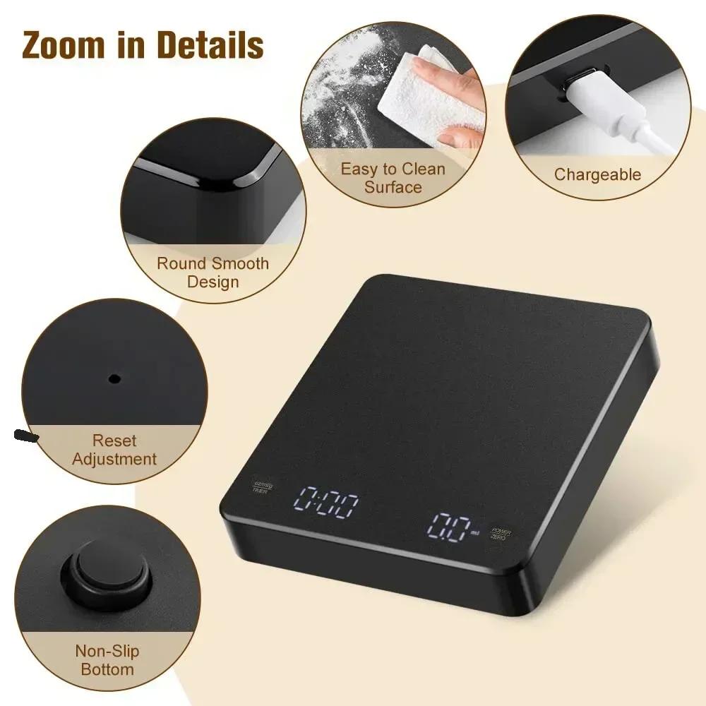 Digital Rechargable Coffee Scale with Timer LED Screen Espresso USB 3kg Max.Weighing 0.1g High Precision Measures Kitchen Scale