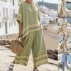 Striped Two Piece Set Short Sleeve Top Wide Leg Pants with Wooden Bead Detail