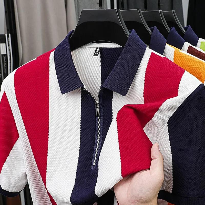Men Casual Striped Polo Shirt Contrast Collar Waffle Knit Tee