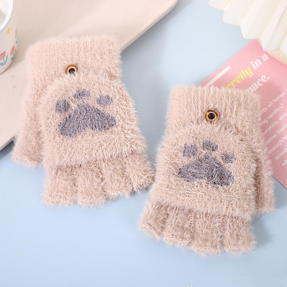 Korean Style Cat Paw Touchscreen Half-Finger Warm Gloves - Fleece-Lined Knitted Design for Students & Ladies