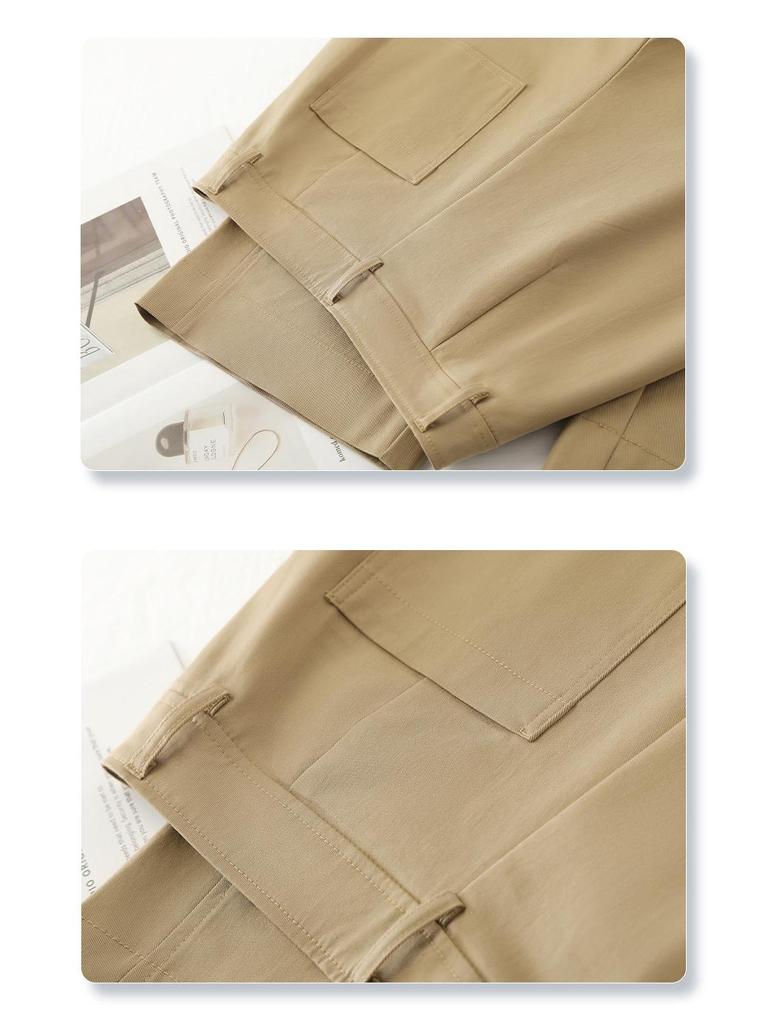 Women's Beige Tencel Cotton High Waist Wide Leg Pants - Slimming Petite Nine-Point for Spring and Autumn 2025