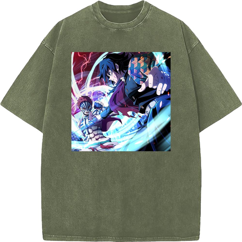 Tomioka Giyuu Akaza Anime Clothing Demon Slayer Cotton Tee Men Women Retro Washed T-shirts Casual T Shirt Harajuku Male Tshirt