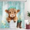 Funny Highland Cow Shower Curtain, Teal Western Cute Rustic Country Farmhouse Daisy Floral Turquoise Bathroom Curtain Decor,Kids