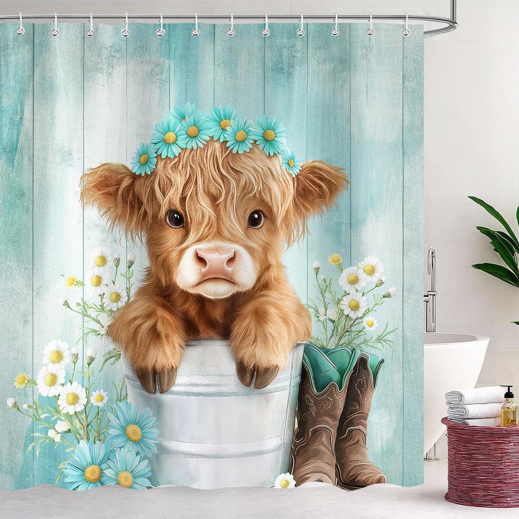 Funny Highland Cow Shower Curtain, Teal Western Cute Rustic Country Farmhouse Daisy Floral Turquoise Bathroom Curtain Decor,Kids
