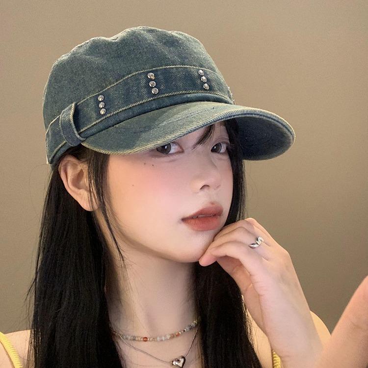 Retro Denim Flat Top Beret Women's Spring and Autumn Big Head Circumference Showing Face Small Peaked Cap Old Washed Hat Tide