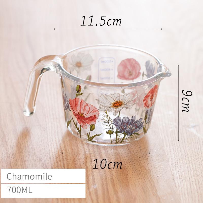 Retro Flower Measuring Cup with Lid Glass Milk Juice Cup with Scale Measuring Jars Household Kitchen Gadgets Baking Cooking Tool