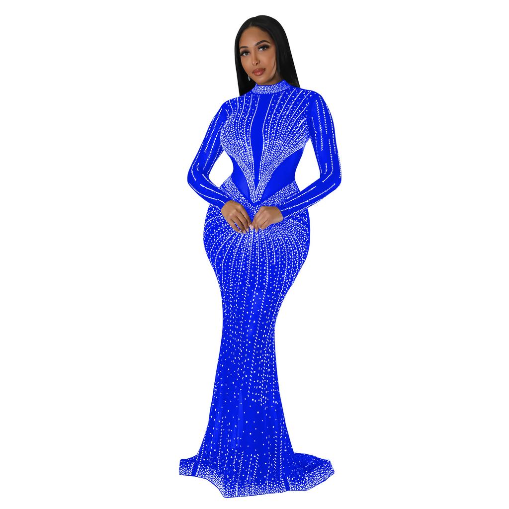 Fashion Women's Dress Solid Colour Mesh Drill Long Sleeve Long Dress