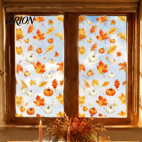 Creative Autumn Scene Stickers Watercolor Fall Static Window Clings, Maple Leaf & Pumpkin Removable Stickers, Easy Apply Decals Decal for Thanksgiving