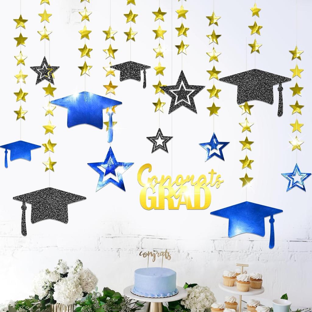 Cheerland Winter Graduation Party Decorations Blue and Gold Hanging Photo Backdrop Kit Congrats Grad Giltter 2025 Hanging Wall Banner University High