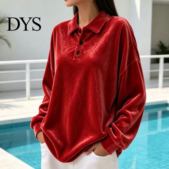 Lady Pullover Shirt Women Velvet Shirt, 3-Button Collared Casual Blouse, Solid Color Loose Long Sleeve Top for Daily Wear Work