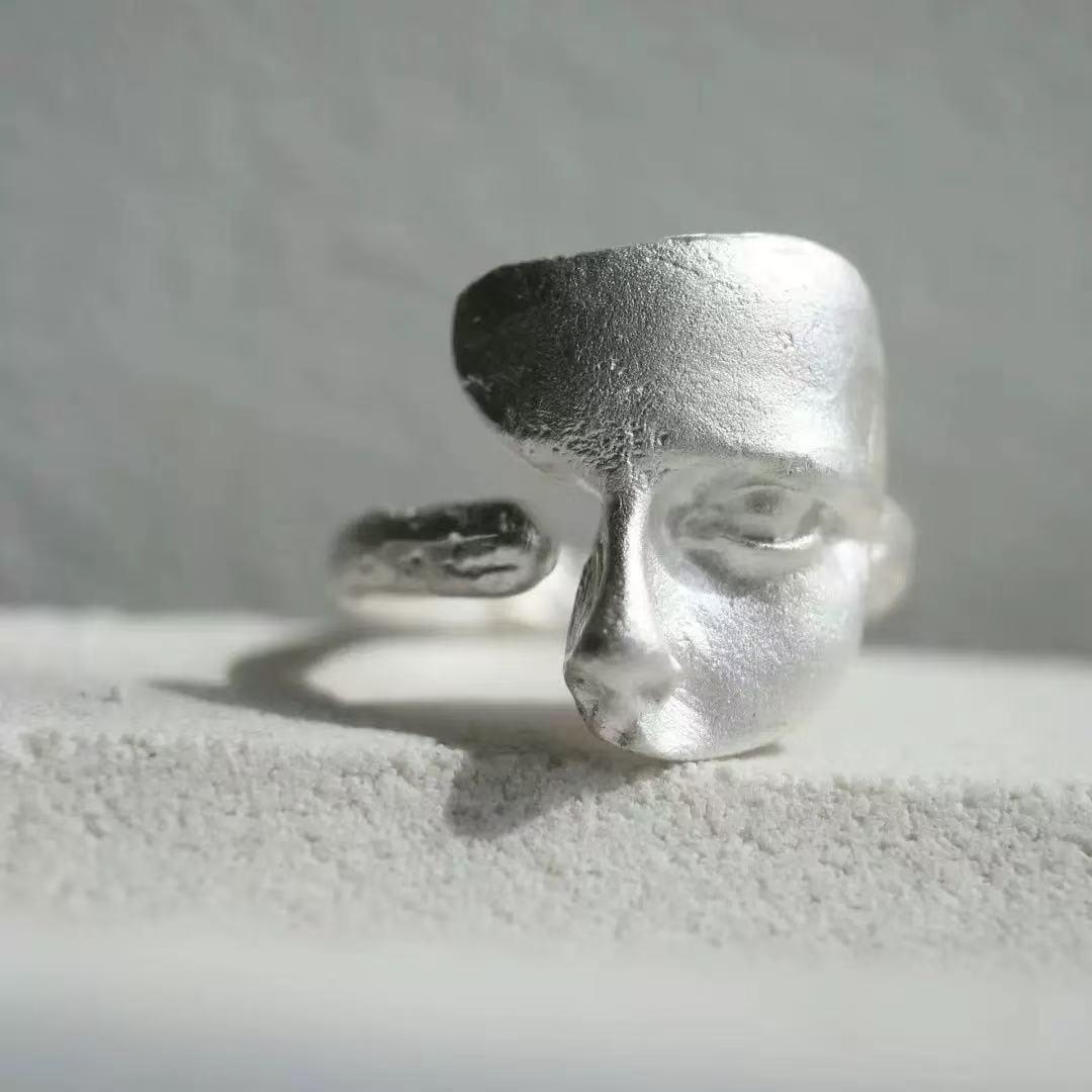 Handmade Silver Burned Texture Openable Ring - Frosted Niche Design Open Adjustable