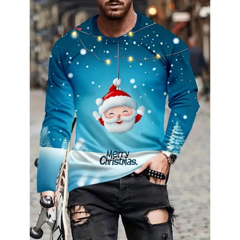 Men's T-Shirt Santa Claus 3D Print Christmas Men's Long Sleeve T-Shirts Casual Pullover Top Holiday Comfortable Men's Clothing