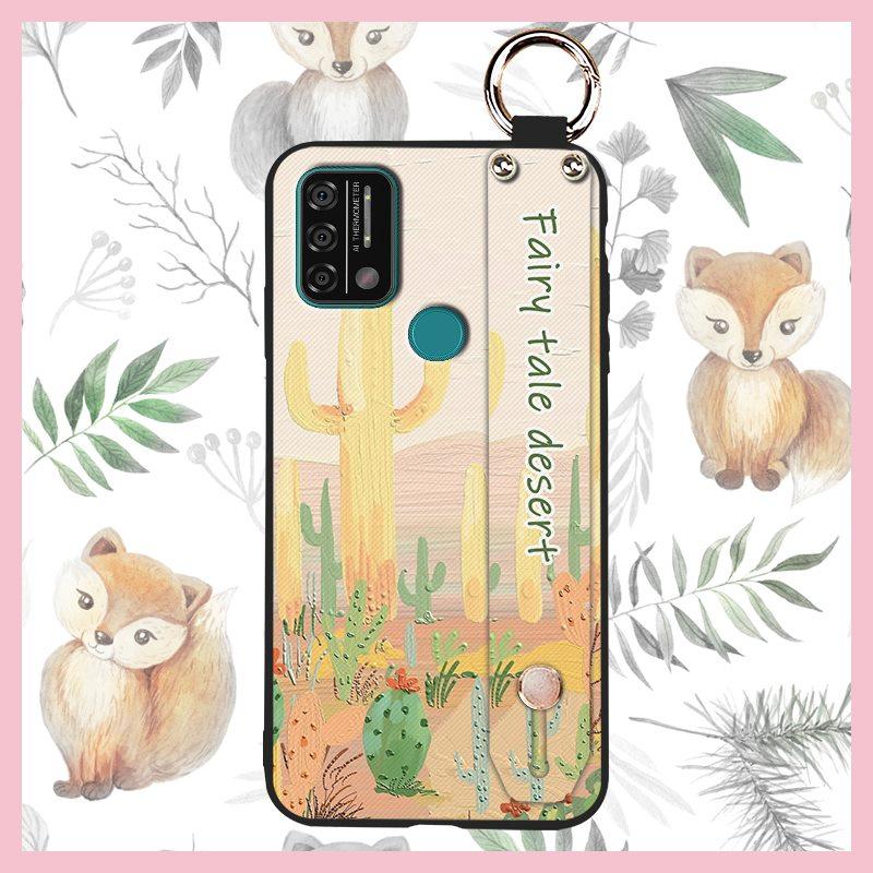 Silicone Waterproof Phone Case For UMIDIGI A9 Protective Oil Painting Flower Wrist Strap Kickstand Dirt-resistant Ring