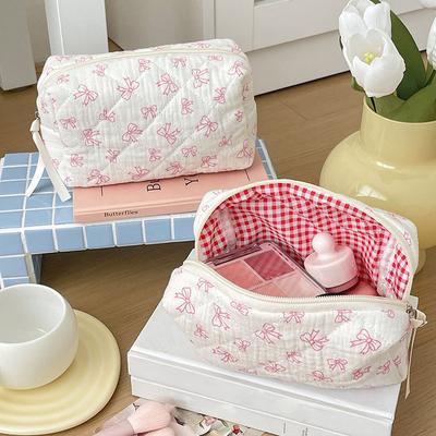 Cotton Quilted Makeup Bag Accessories Bow Print Make Up Bag Organizer Cute Bear Cosmetic Pouch Travel Makeup Bag for Women