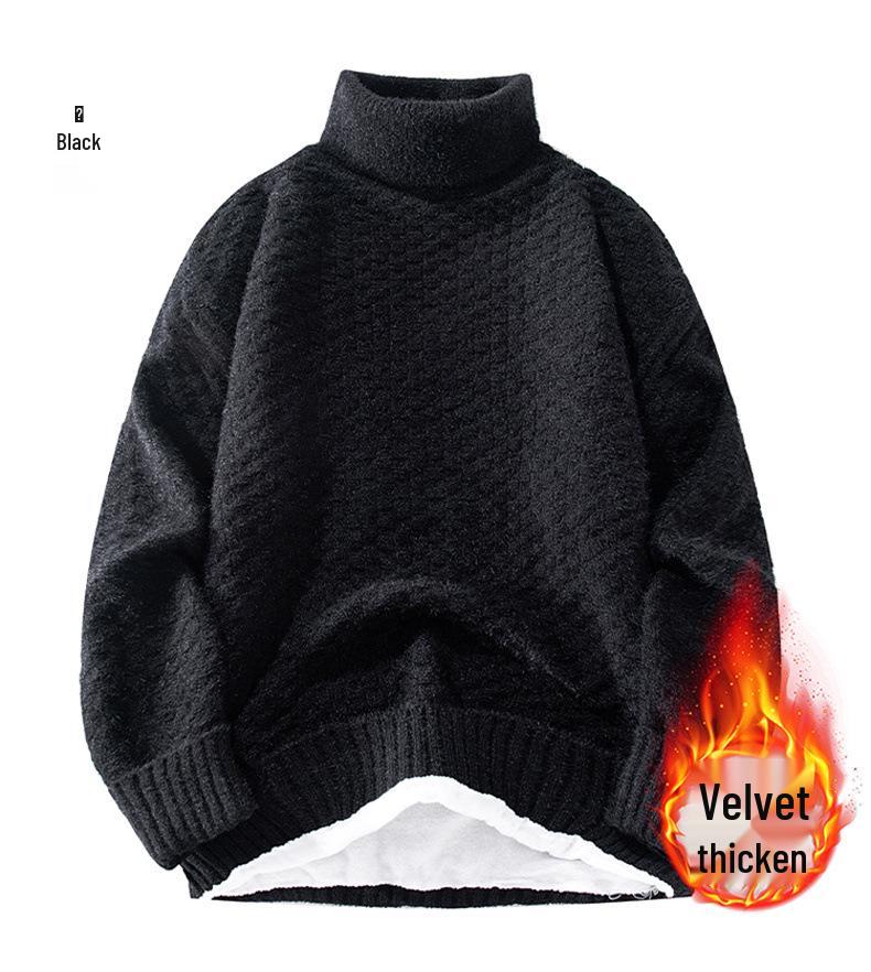 

Men s Retro High Neck Plush Sweater - Autumn/Winter Fashion, Loose Fit Knitwear, Thick Base Layer Pullover. Large чорний