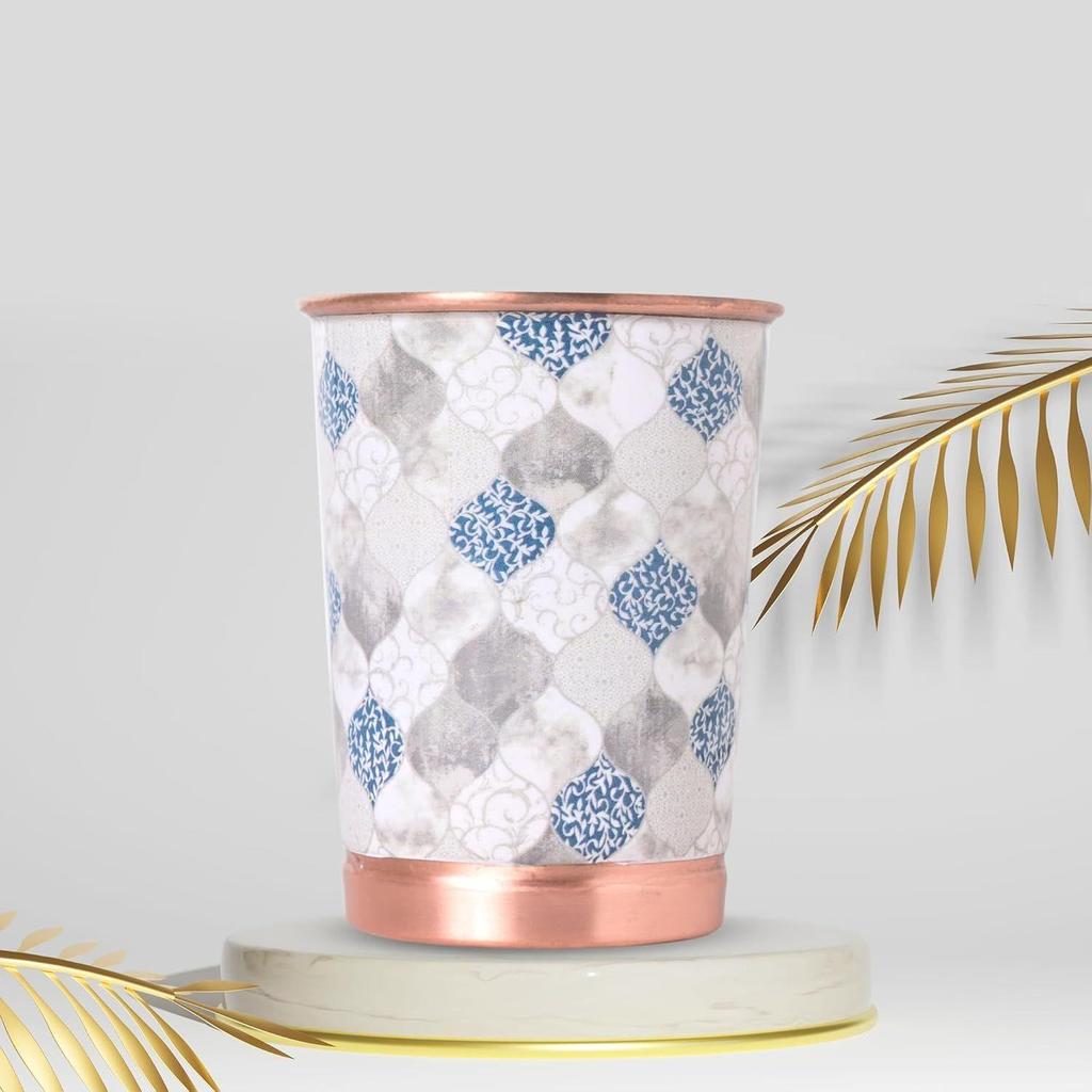 New Copper Printed Design 250ML Water Glass with Rust Proof Protection for Home and Office Use Ayurveda and Yoga Health Benefits Glass Set of 6