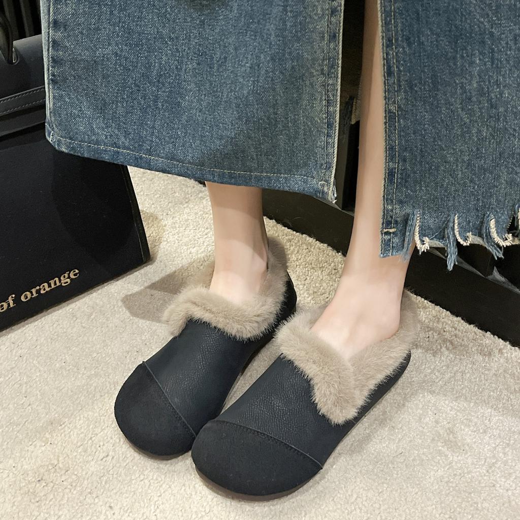 Hairy edge beanie shoes women's winter retro one-pedal lazy soft-soled cotton shoes velvet loafers women