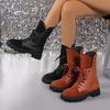 French Vintage Mid-Thigh Boots Fall New Round Toe Spliced Front Lace-Up Rivet Soft Sole Non-Slip Kitten Heels